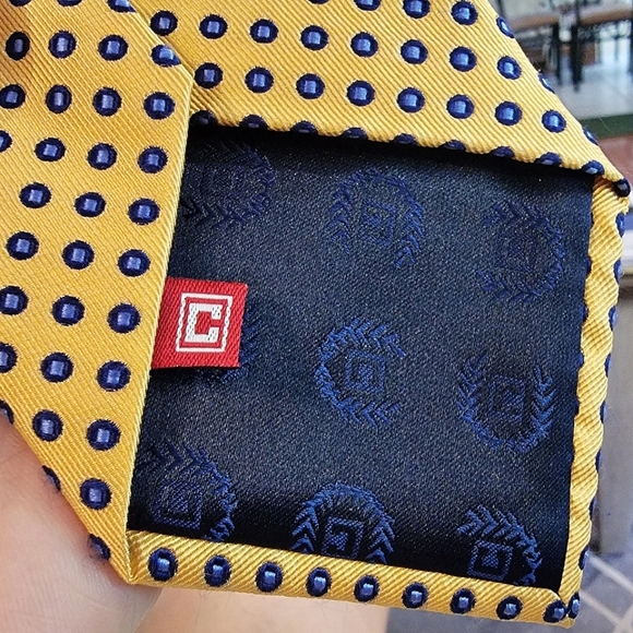 #Chaps Ralph #Lauren #Silk Neck #Tie Golden Yellow Background, Blue Dots - Picture 5 of 7